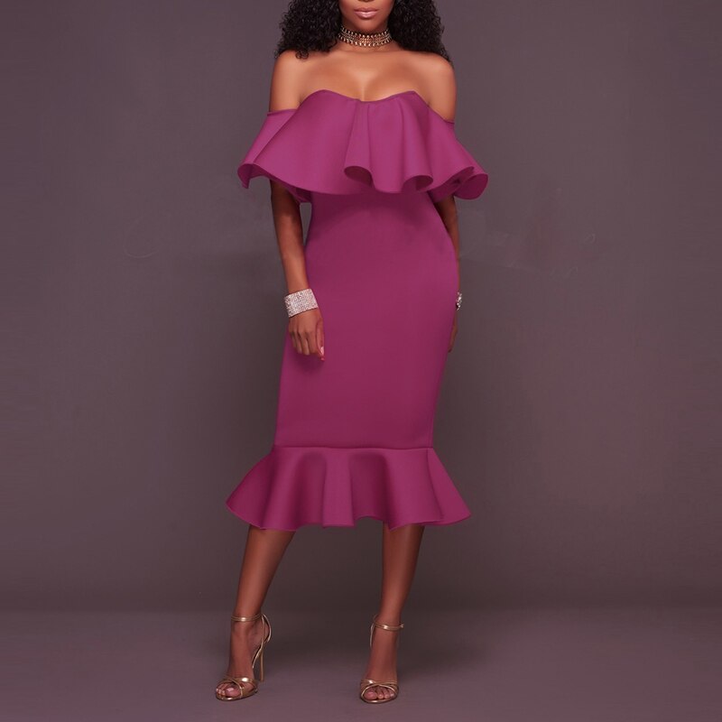 Casual Solid Color Off Shoulder Ruffle Slash Neck Dresses