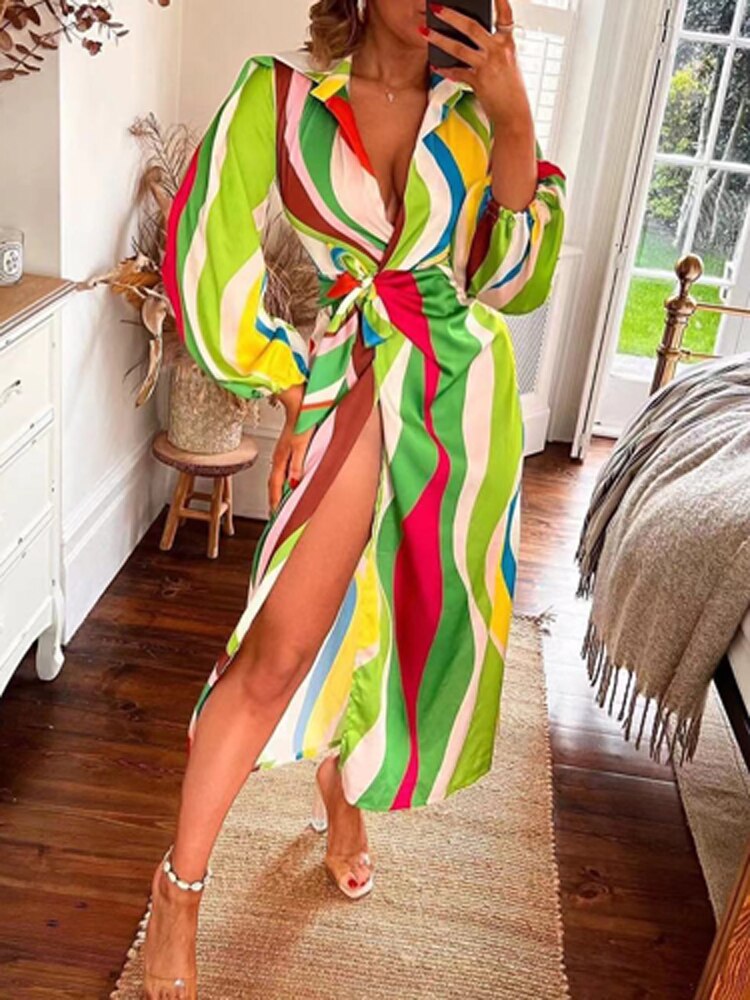 Sexy  Colorful Print Boho Beach Tie-Up Wrap Split Dress