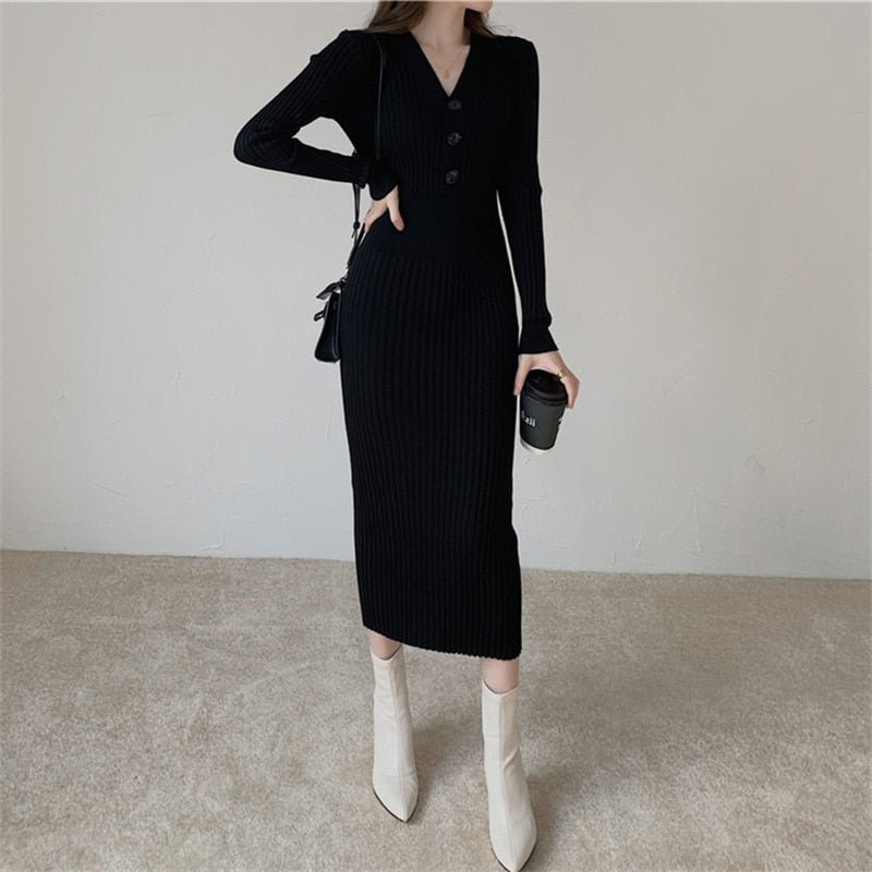 Vintage Knitted  Long Sleeve Sweater Dresses