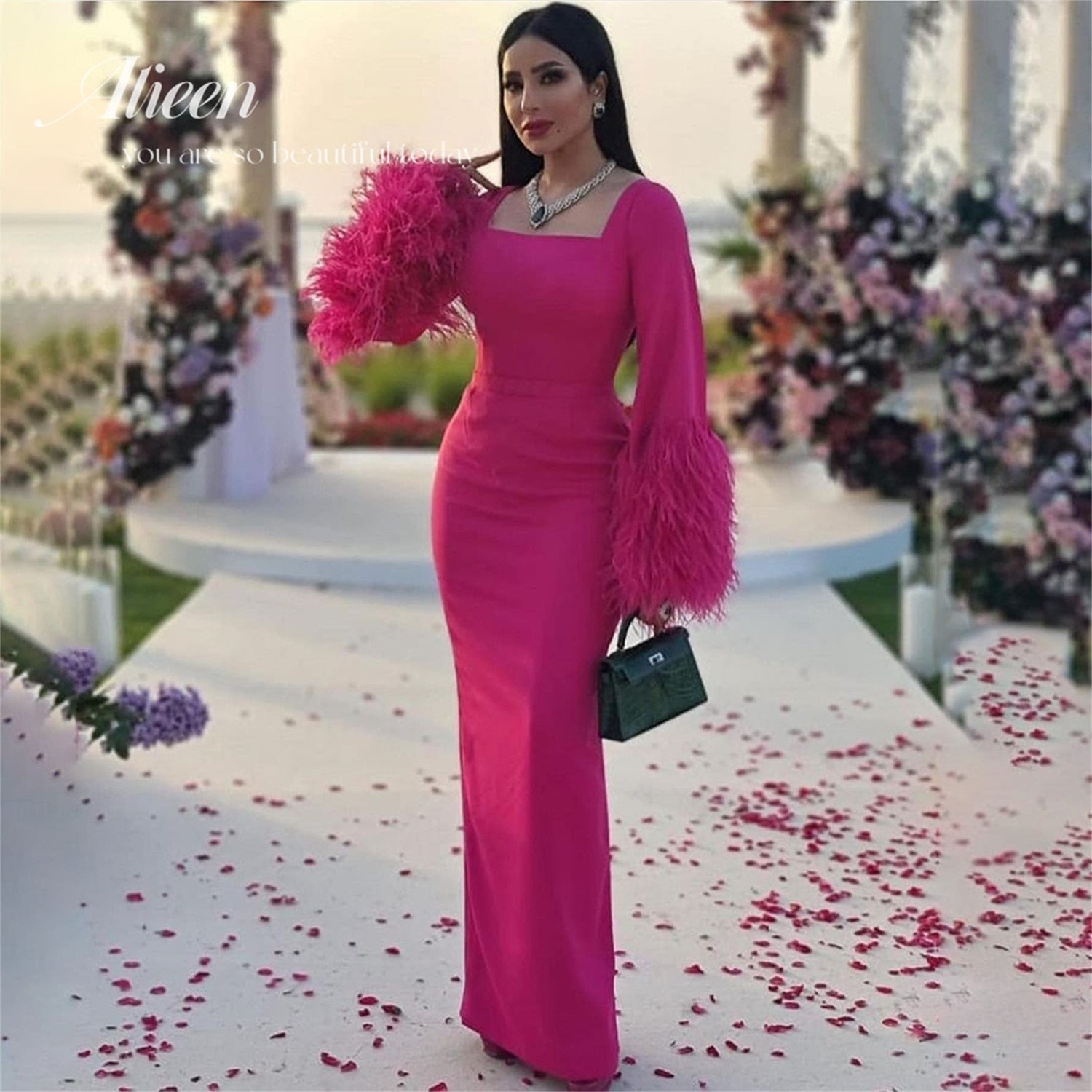 Pink Feather Gala Polo Collar Long Luxury Evening Dresses