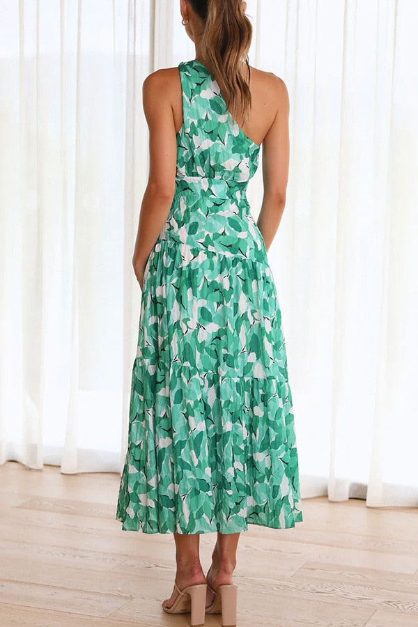 Boho One Shoulder  Floral Print A-line Summer Casual Dress