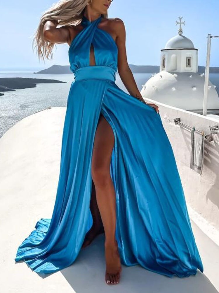 Wrap High Waist Elegant Solid Seaside Beach Dress