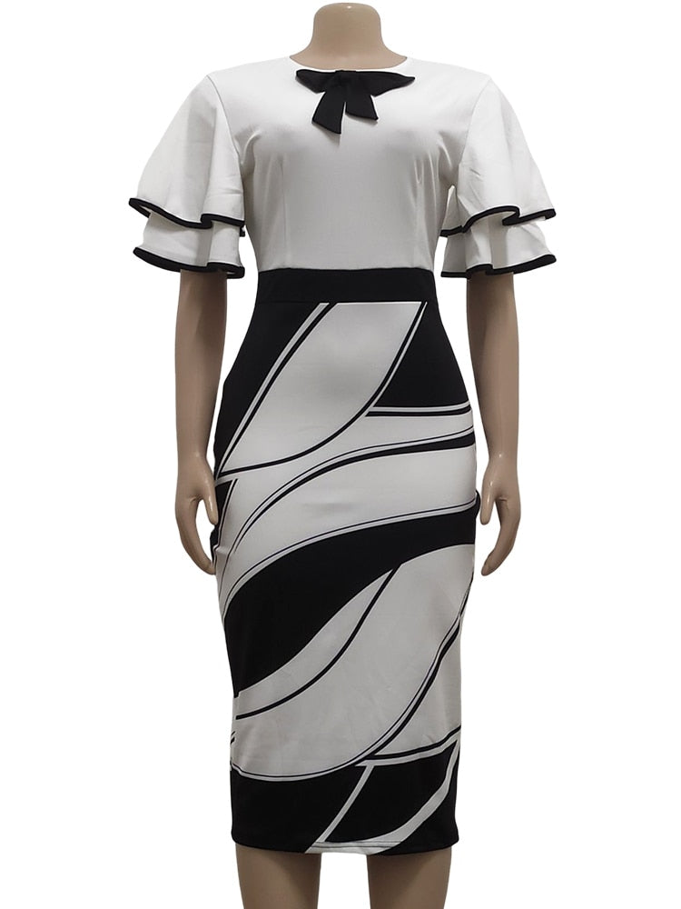 Black and White Ruffle Sleeve Bowtie Bodycon Print Dresses