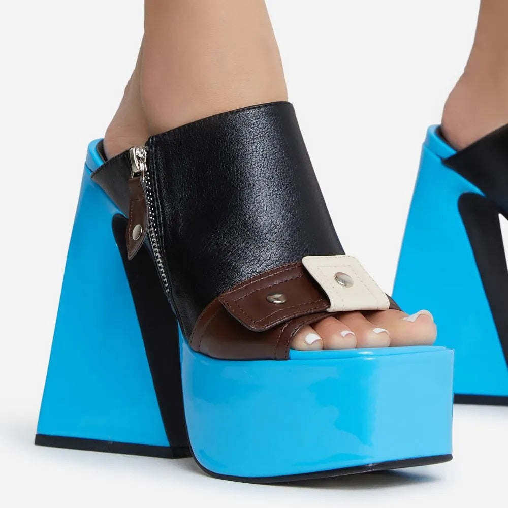 Thick Stitched Zipper High Heel Platform Summer Sandals