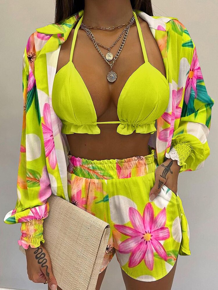 Tropical Print Lantern Sleeve Open Stitch Shirt & Shorts Set with Crop Top