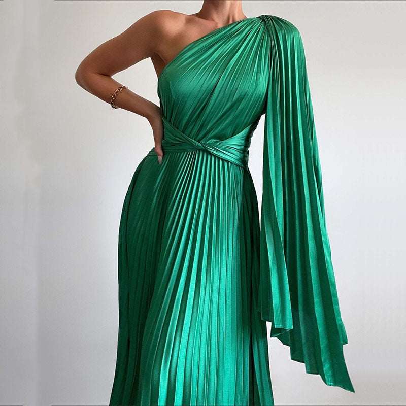 Sexy Off Shoulder Oblique Collar Pleated Maxi Dress