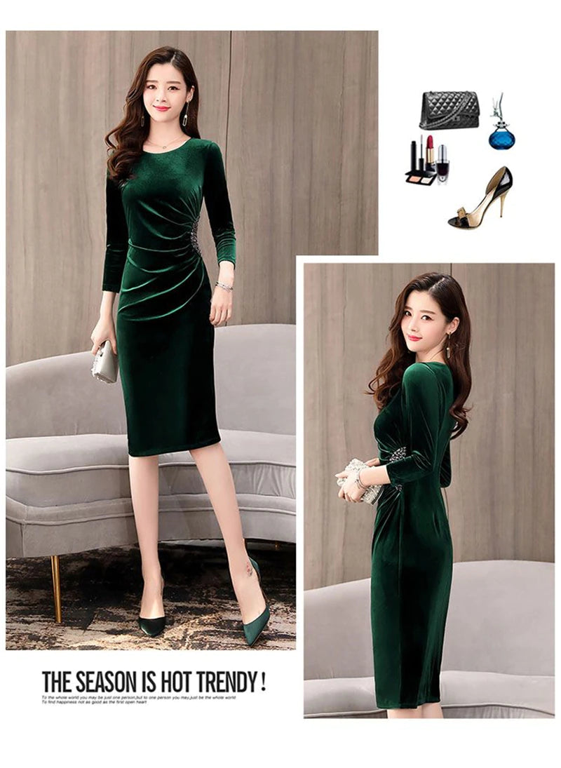 Elegant Long Sleeve Slim Pleated Sequin Velvet Dress