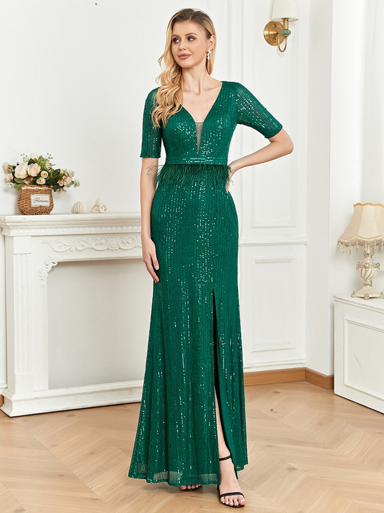 Deep V Neck Green Sequins Evening Dresses