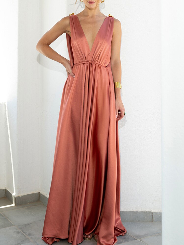 Casual Loose Sleeveless Solid Hollow Out Long Maxi Dress