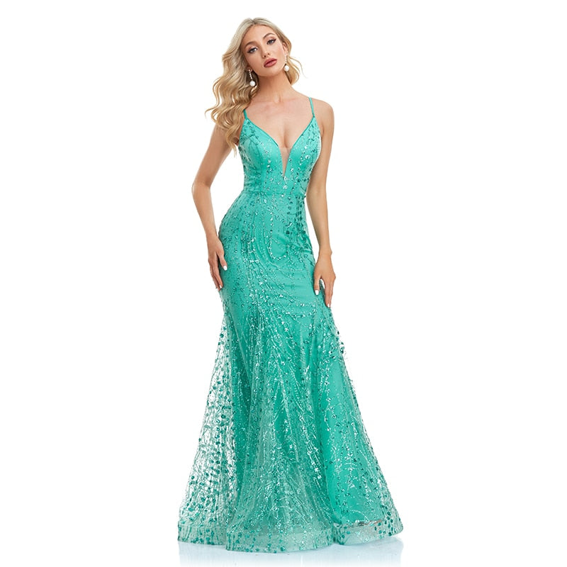 Sequin Sparkly Luxury Spaghetti Straps Mermaid Elegant Green Bodycon Backless Bandage Evening Dresses