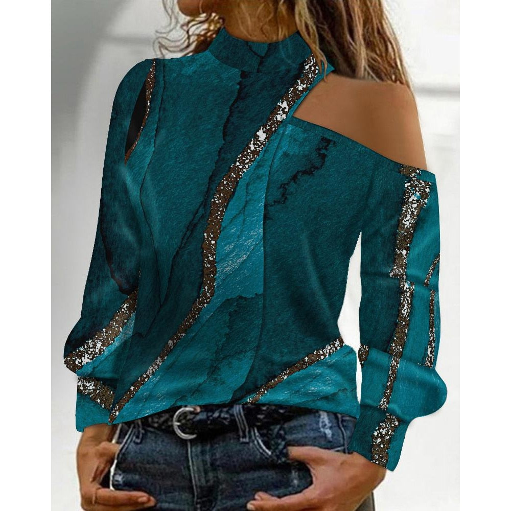 Spring Autumn Women Marble Print Cold Shoulder Tee Top
