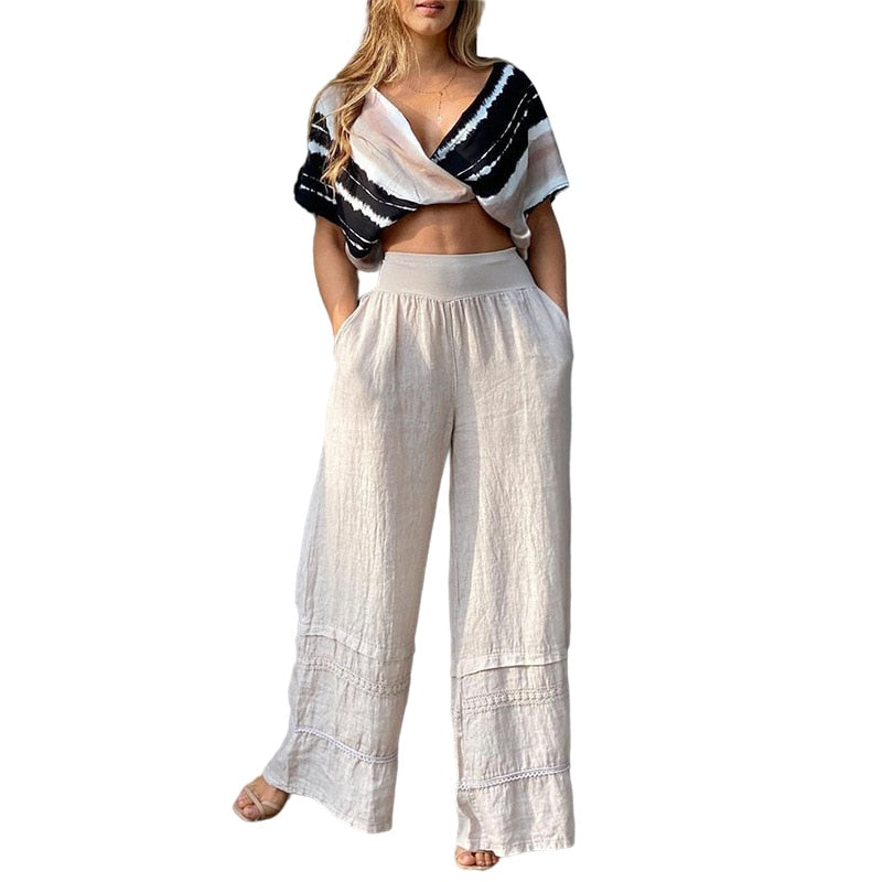Spring Fashion V-Neck Twisted Sleeveless Crop Top & Casual Pocket Design Wide-Leg Pants Set