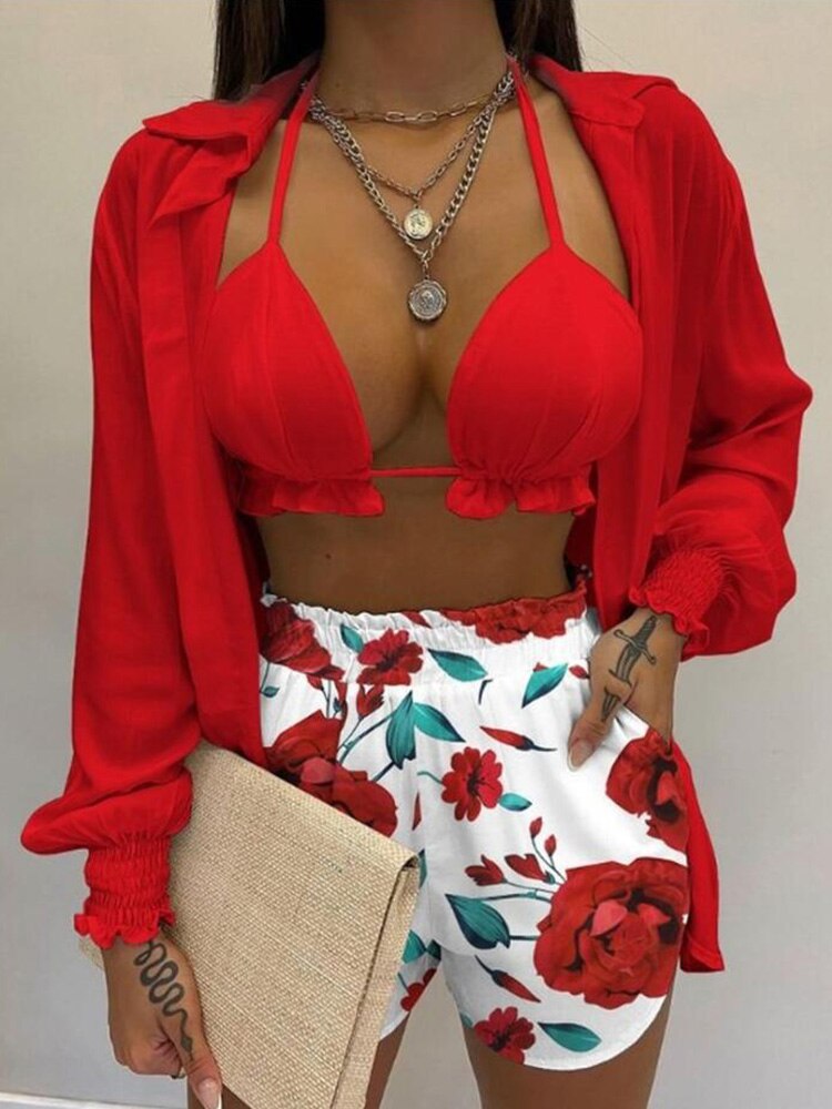 Tropical Print Lantern Sleeve Open Stitch Shirt & Shorts Set with Crop Top