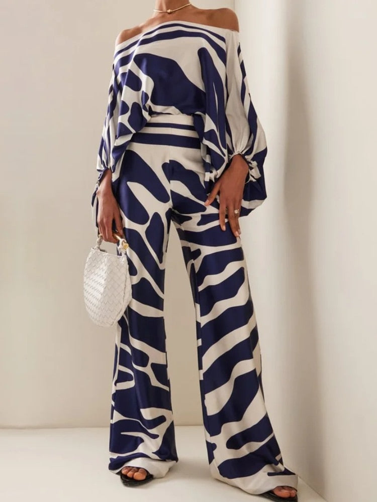 Casual Lantern Sleeve Off Shoulder Top Wide Leg Pants Suit