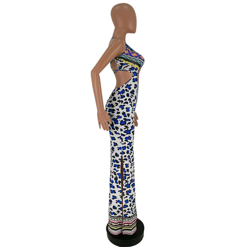 Leopard Print Spaghetti Strap Open Back Slim Maxi Dress