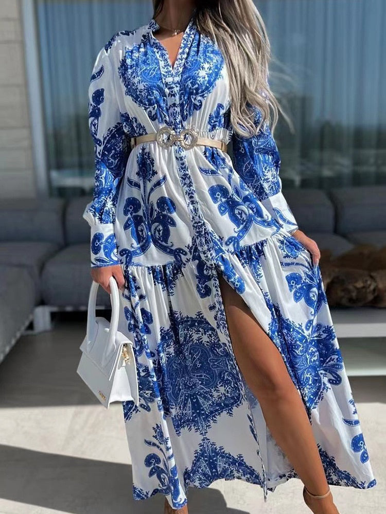 Elegant Printed Boho V Neck Single Breasted Lantern Sleeve Dress