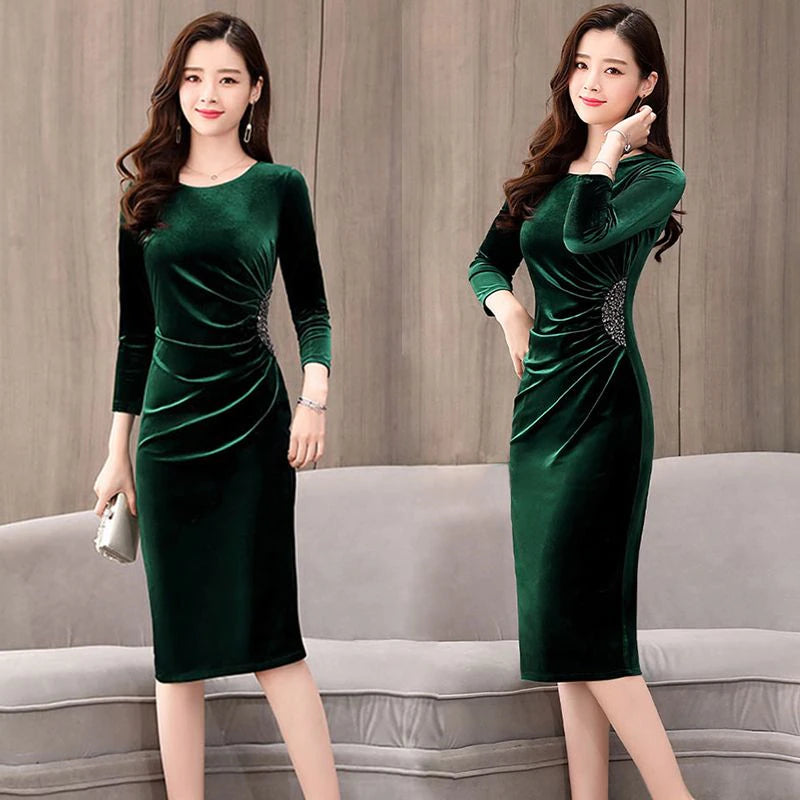 Elegant Long Sleeve Slim Pleated Sequin Velvet Dress