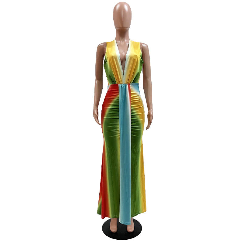 Fashion Print African High Waist V-neck Maxi Dress