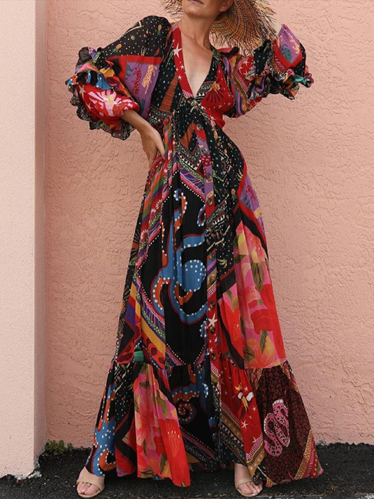 Spring Summer Elegant V-Neck Bohemian Loose Maxi Dress