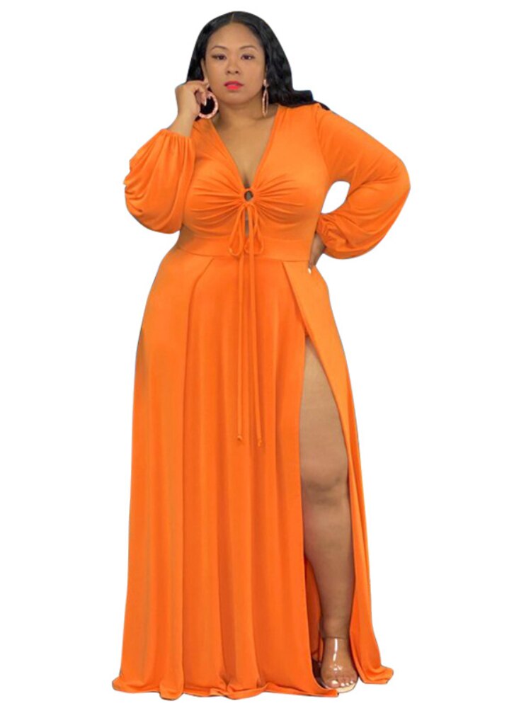 Plus Size Long Sleeve V-Neck Slit Strap Maxi Dresses