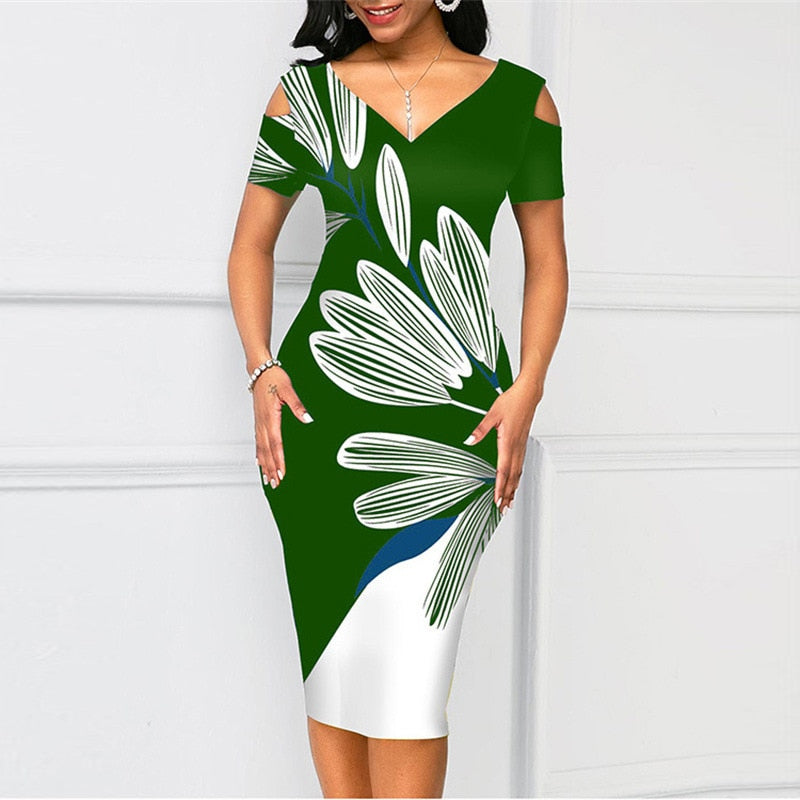 Summer V Neck Elegant Print Patchwork Slim Work Dress