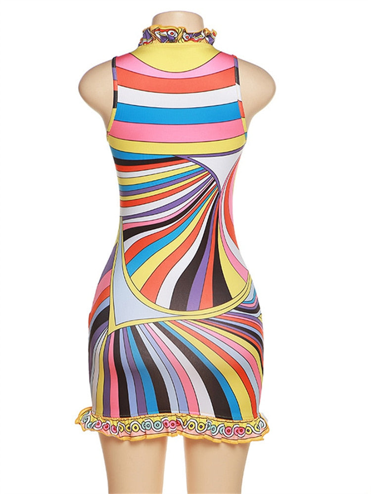 Sleeveless O Neck Stripe Club  Mini Dress
