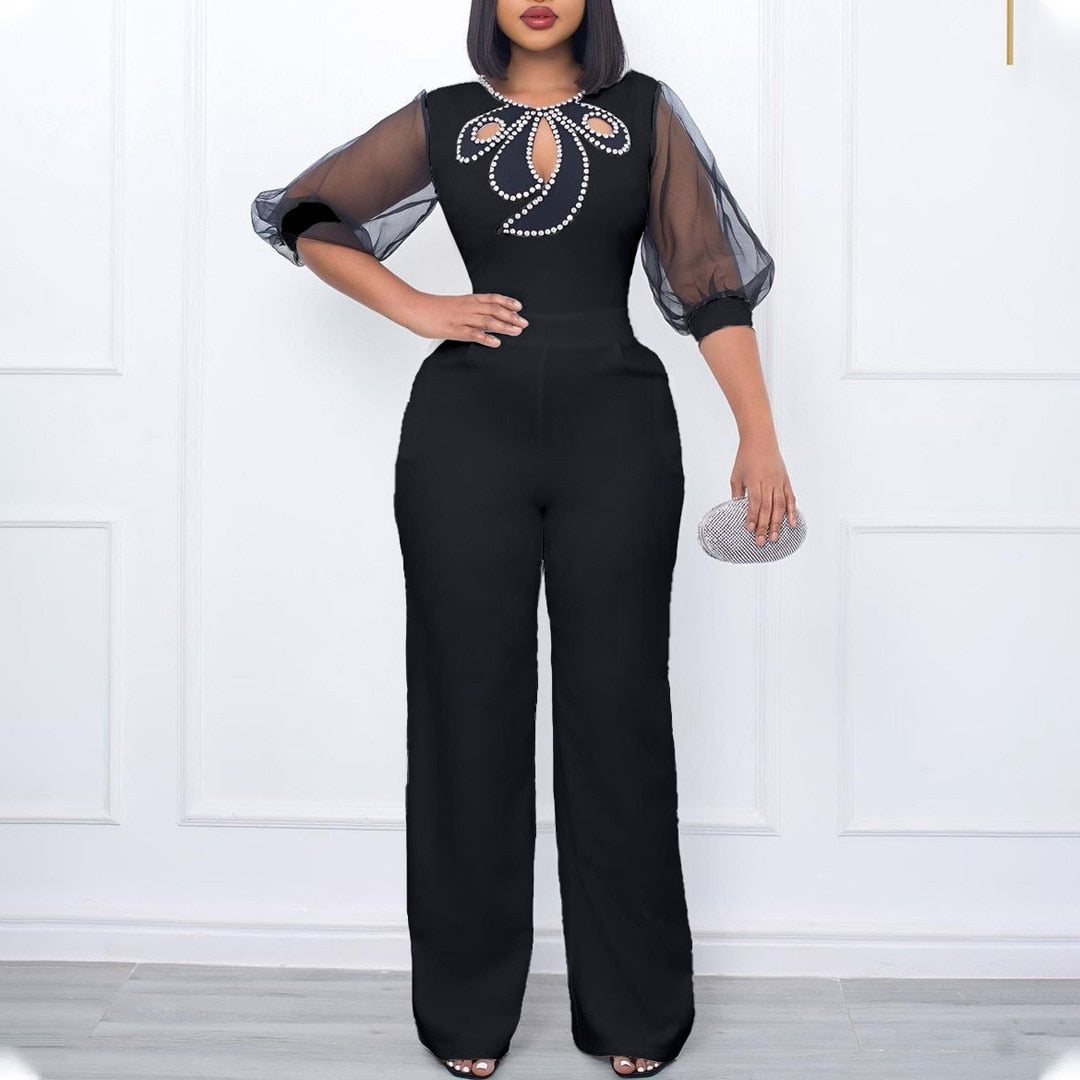 Hollow Out See Through Puff Half Sleeve O Neck Party Jumpsuit