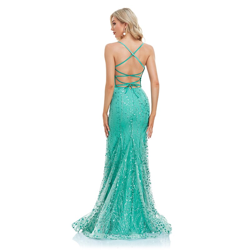 Sequin Sparkly Luxury Spaghetti Straps Mermaid Elegant Green Bodycon Backless Bandage Evening Dresses