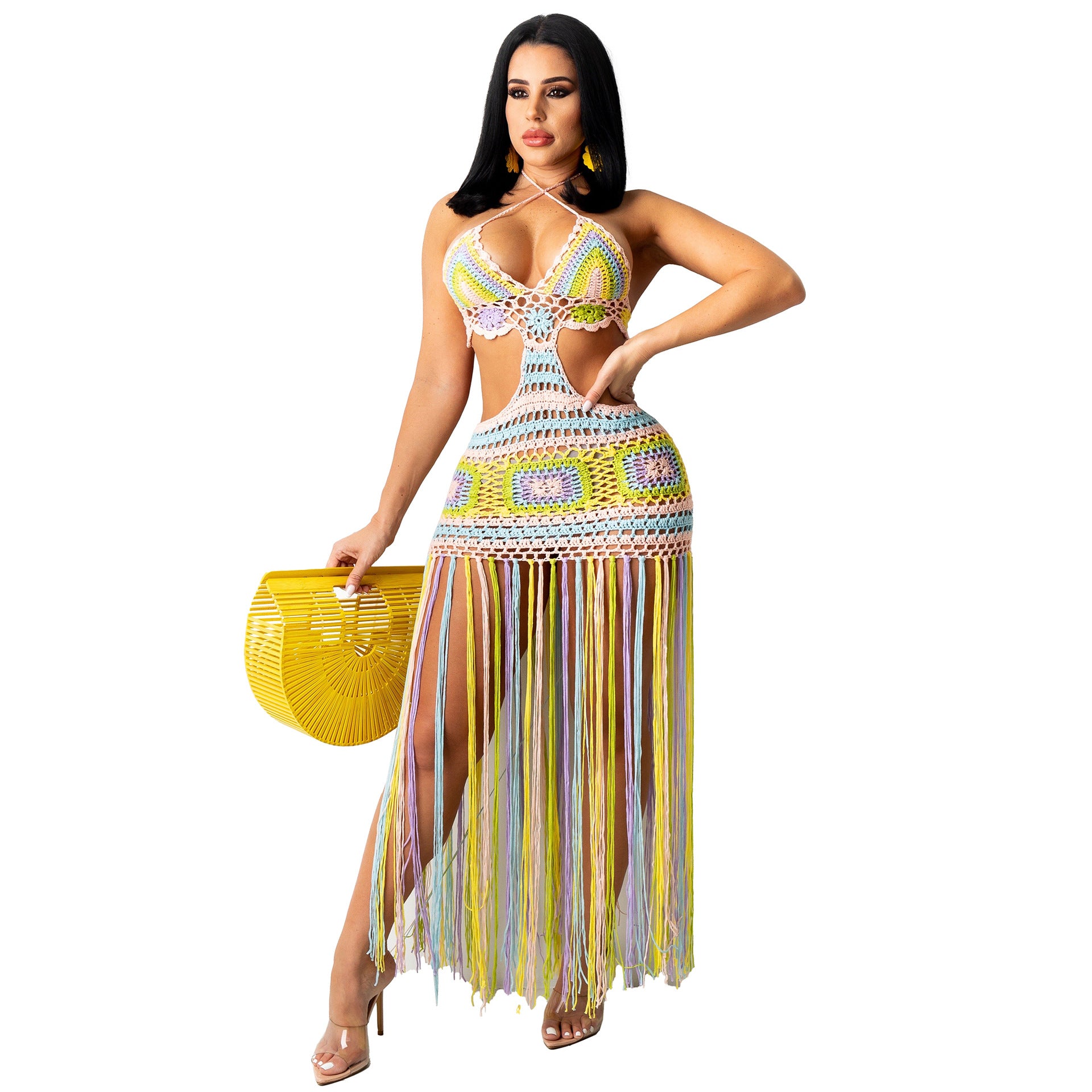 Summer Halter Tops Hand Crocheted Design Beach Tassel Dress