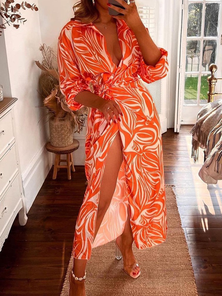 Sexy  Colorful Print Boho Beach Tie-Up Wrap Split Dress