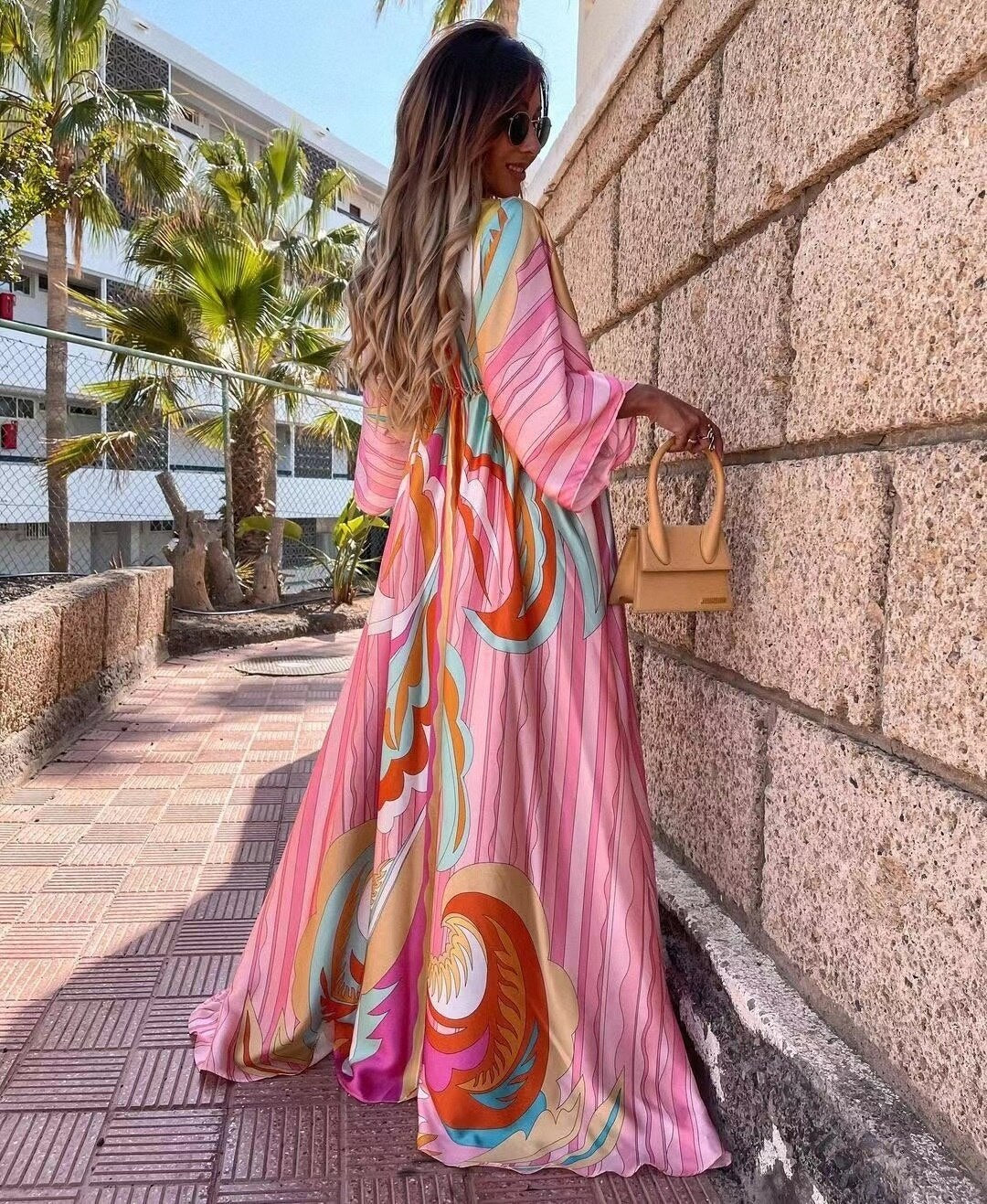 V-Neck Full Sleeve Women High Waist A-line Maxi Dress