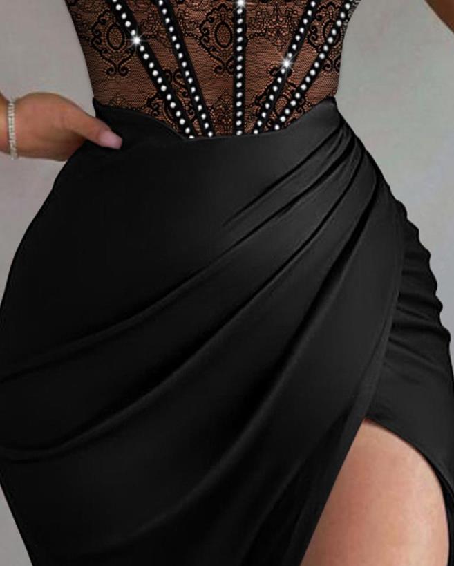 Rhinestone Ruched High Slit Contrast Lace Corset Sleeveless Halter Slim Dress