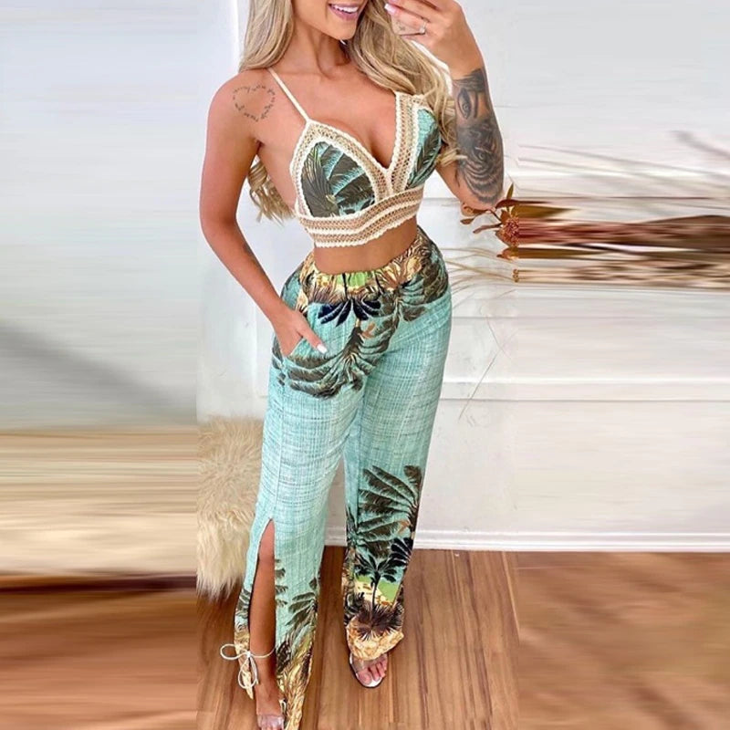 Tropical Print Lace Trim Crop Top & Slit Pants Set