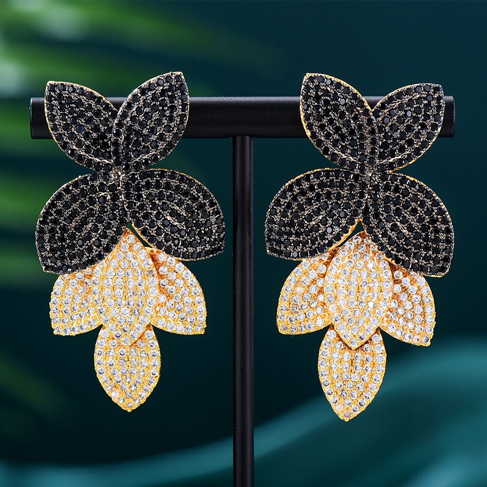 Fashion Flower Leaf Leaves Cubic Zirconia Adjustable Ring and Earrings