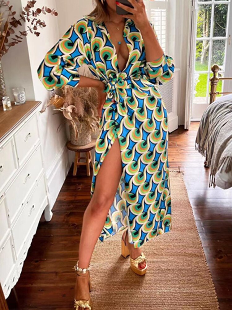 Sexy  Colorful Print Boho Beach Tie-Up Wrap Split Dress