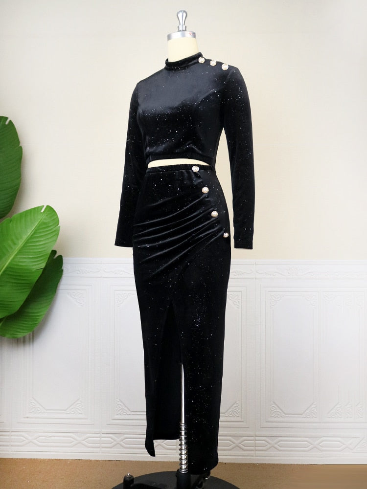 Black Velvet Dresses Elastic High Waist Long Sleeve Glitter Navel Pleated Slit Evening Party Dress