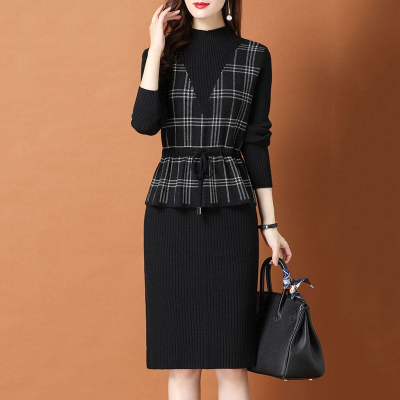 Vintage Plaid Patchwork Fake Two Piece Knitted Dress