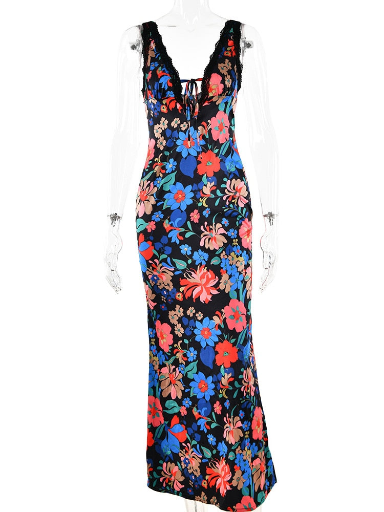 Elegant V-neck Slip Floral Print Satin Maxi Dress