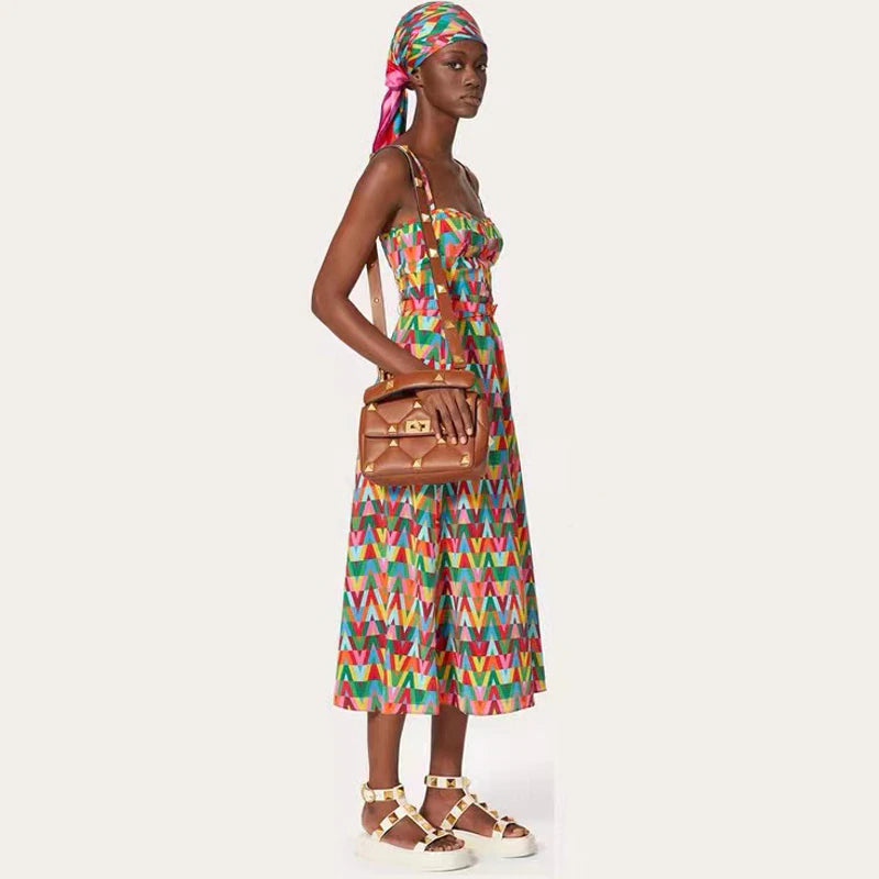 Summer Color Lettered Printed Spaghetti Strap Dress