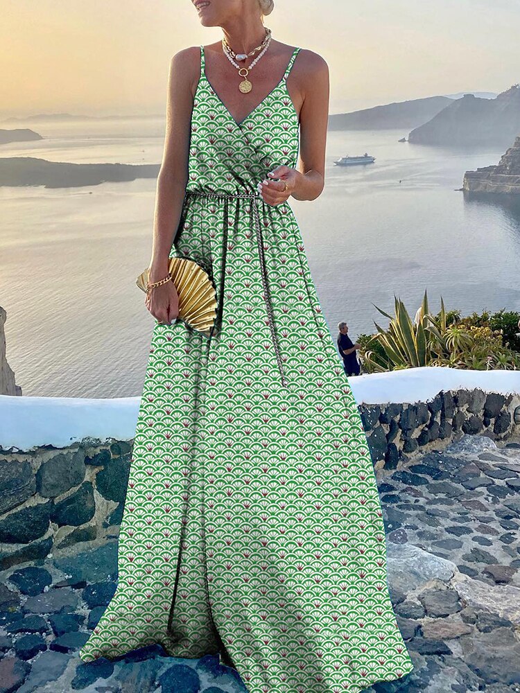 Fashion V Neck Sling Print Party Dress