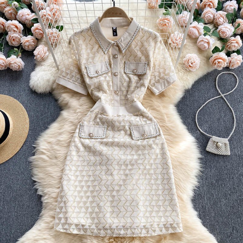 Summer Elegant Short-sleeved Turn Down Collar Buttons Geometric Dress
