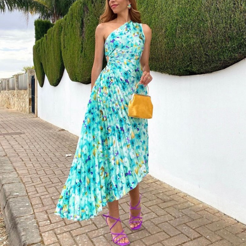 Summer Floral Print One Shoulder Pleated Design Sexy Backless Long Dress
