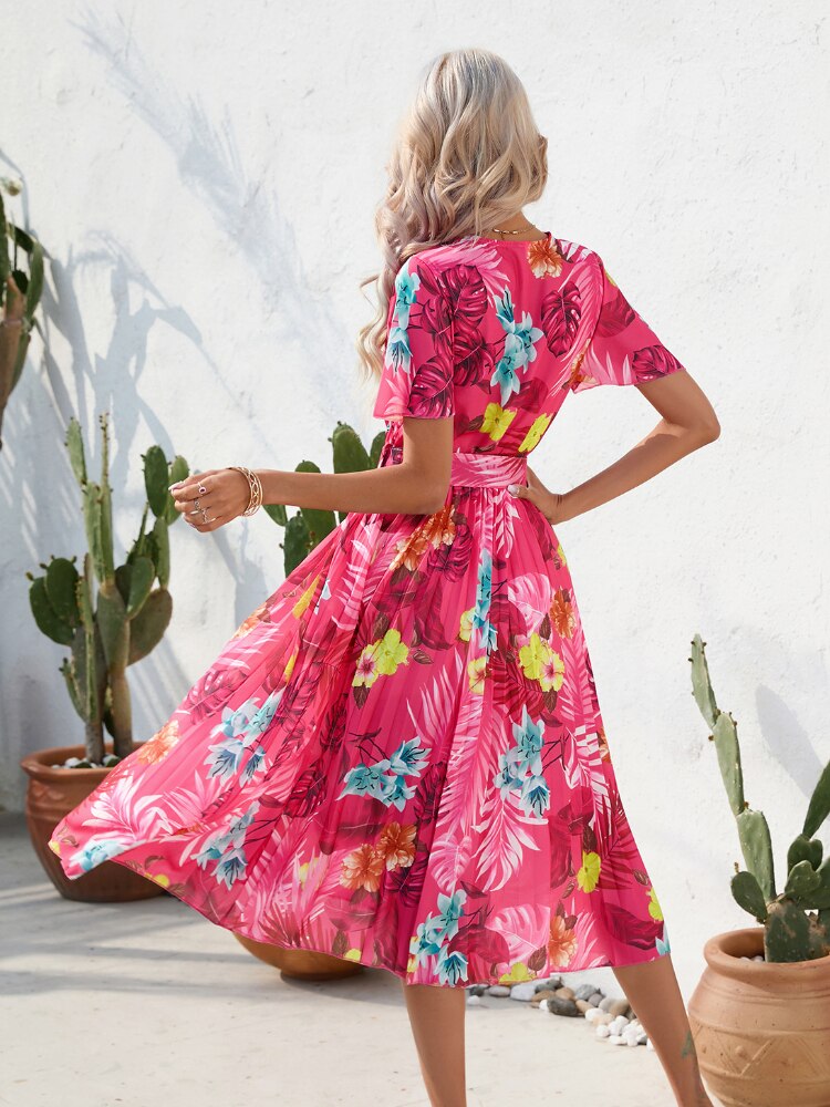Summer  V-neck Printed High Waist Pleated  Dresses