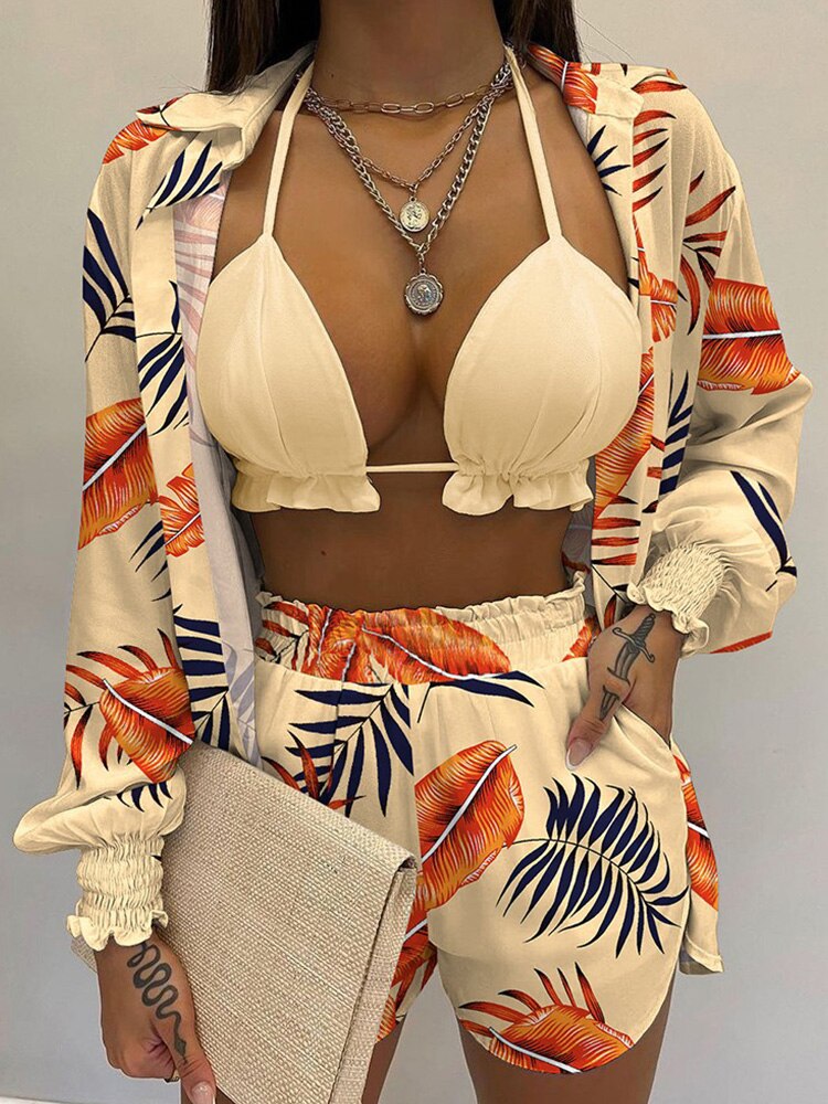 Tropical Print Lantern Sleeve Open Stitch Shirt & Shorts Set with Crop Top