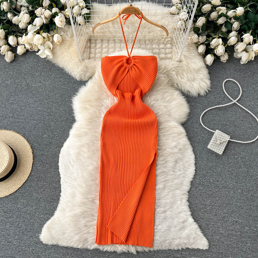 Cut Out Sexy Split Halter Crochet Bodycon Dress