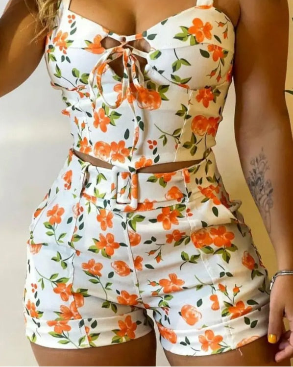 Summer Floral Print Lace-up Crop Top & Shorts Set