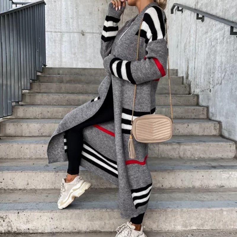 Striped Patchwork Maxi Sweater Coat