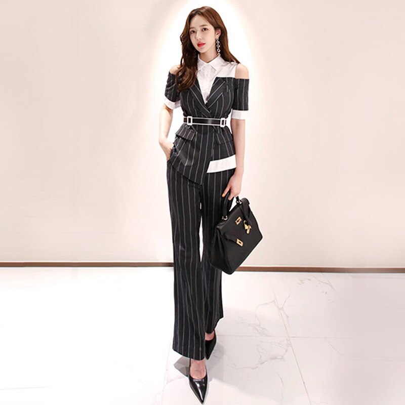 Women Single Breasted Stripe Notched Suits