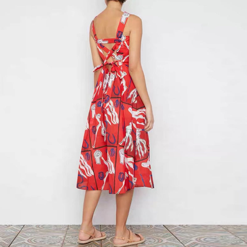 Backless Bandage Dancing Lilliputian Print Midi Dress