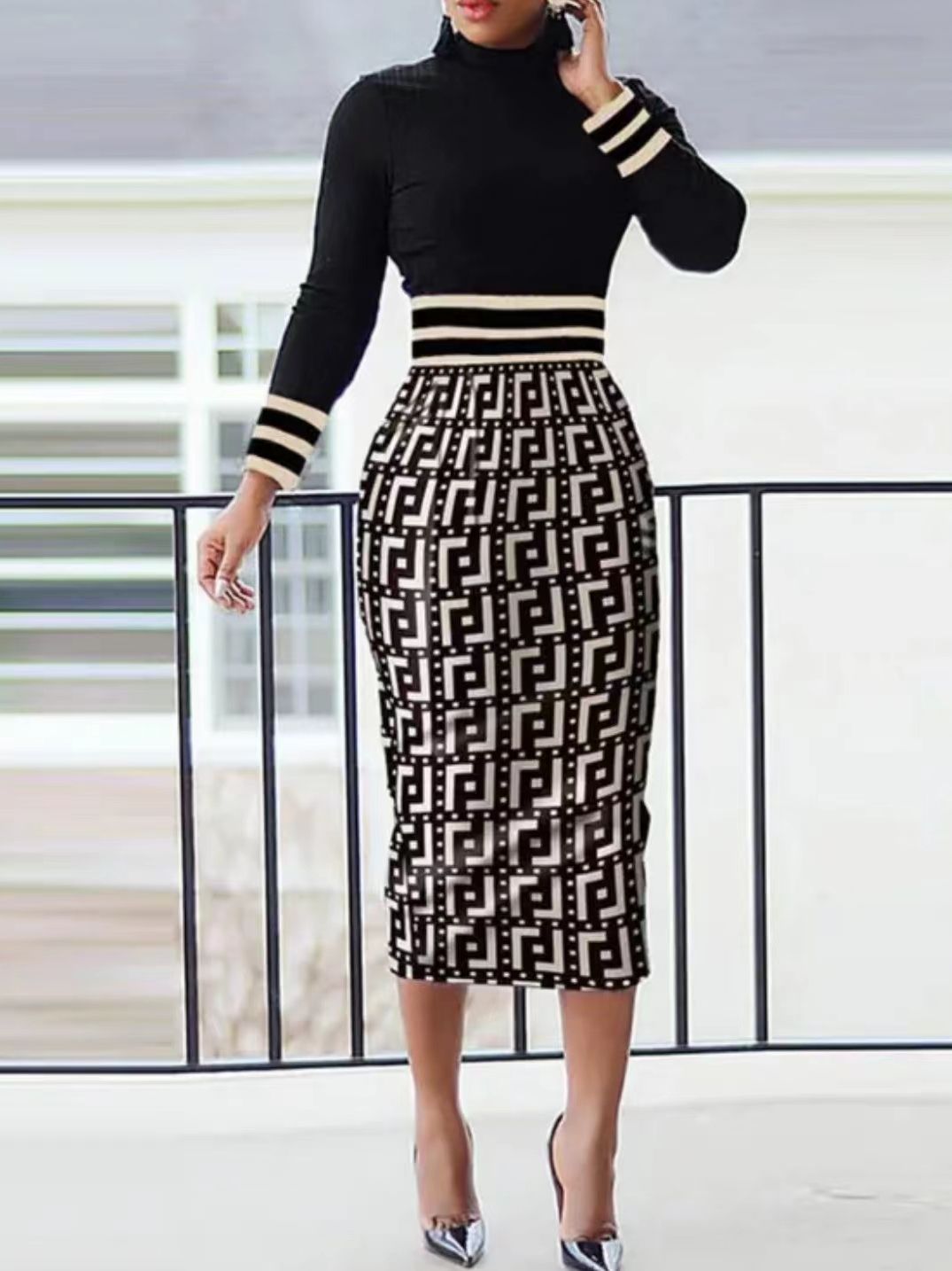 Autumn Winter Elegant High Collar Long Sleeve Printed Slit Slim Dress